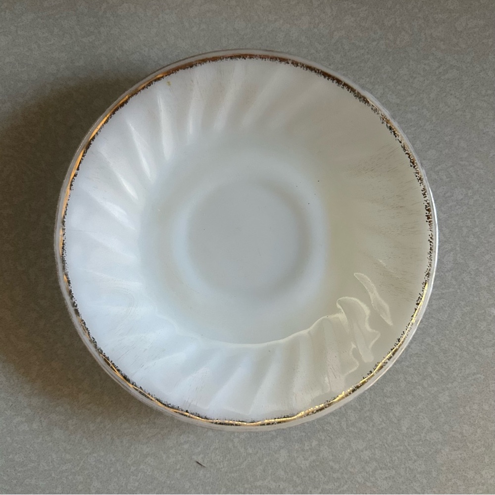 Vintage Fire King Oven Ware Milk Glass Swirl Pattern w/Gold Trim Cup Saucer